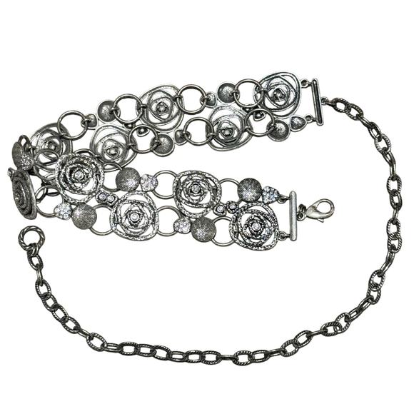 Silver Metal Boho Belt‎ Lobster Claw Clasp 39" Rhinestones Bohemian - Picture 1 of 11